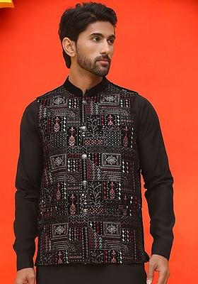 Black Embroidered Poly Blend Nehru Jacket For Men