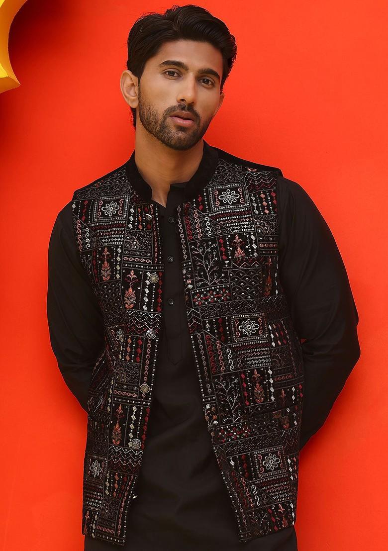 Black Embroidered Poly Blend Nehru Jacket For Men