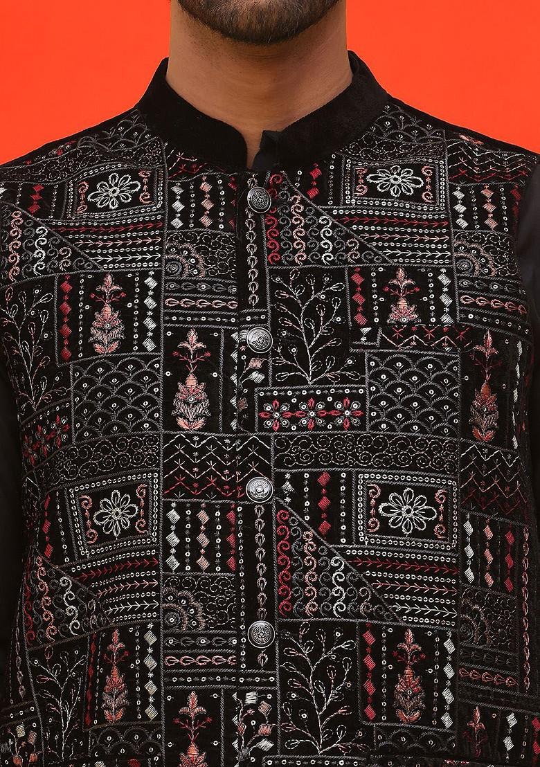 Black Embroidered Poly Blend Nehru Jacket For Men