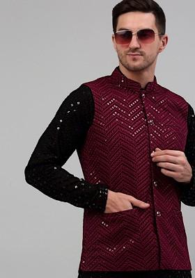 Maroon Embroidered Poly Blend Nehru Jacket For Men