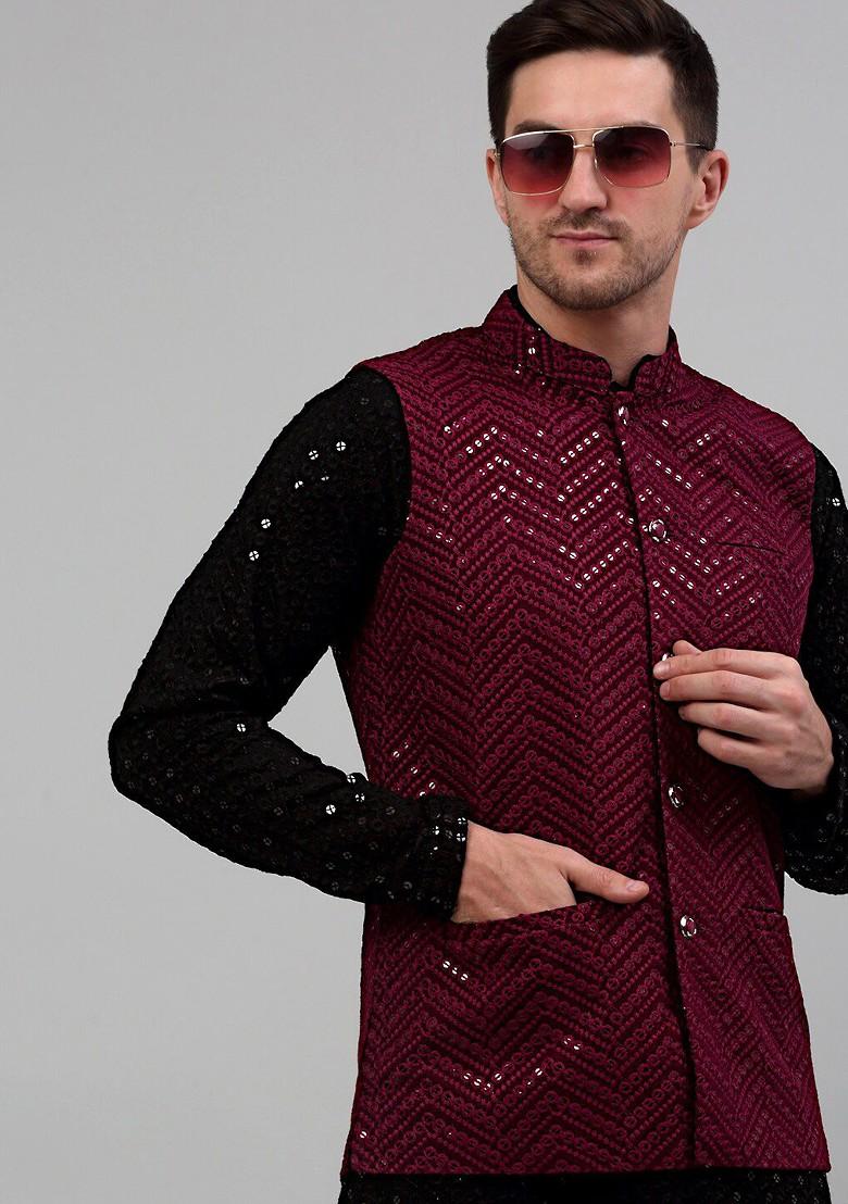 Maroon Embroidered Poly Blend Nehru Jacket For Men