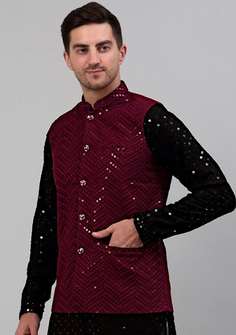 Maroon Embroidered Poly Blend Nehru Jacket For Men