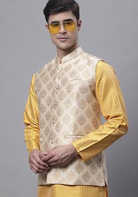 Cream Woven Design Poly Blend Nehru Jacket For Men