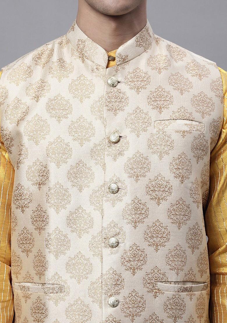 Cream Woven Design Poly Blend Nehru Jacket For Men