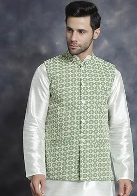 Green Embroidered Poly Blend Nehru Jacket For Men