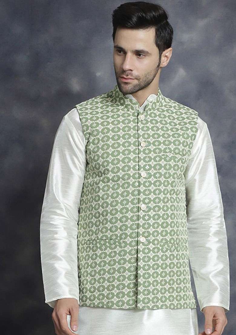 Green Embroidered Poly Blend Nehru Jacket For Men - Indya