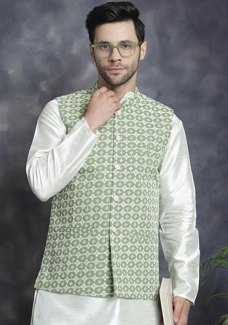 Green Embroidered Poly Blend Nehru Jacket For Men