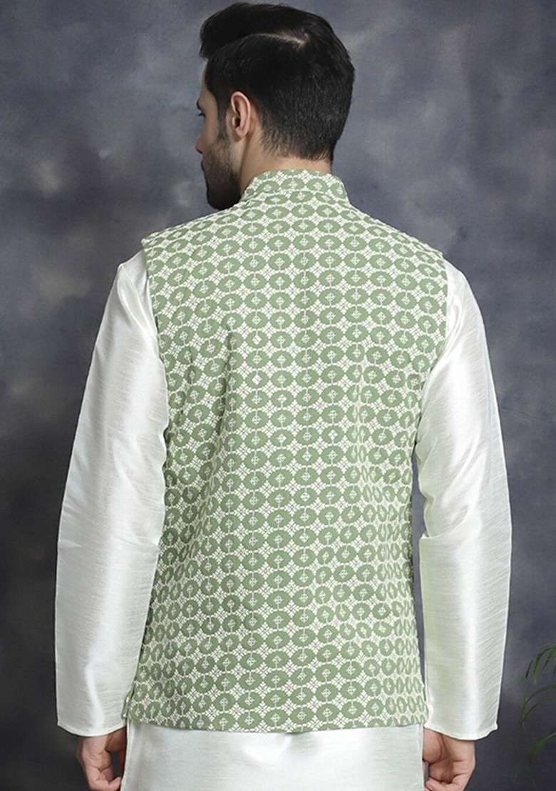 Green Embroidered Poly Blend Nehru Jacket For Men - Indya