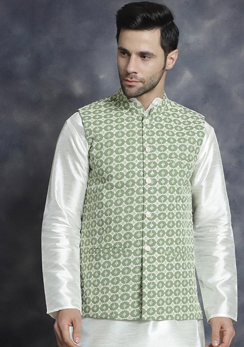 Green Embroidered Poly Blend Nehru Jacket For Men