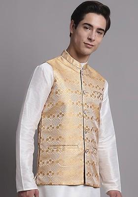 Gold Woven Design Poly Blend Nehru Jacket For Men