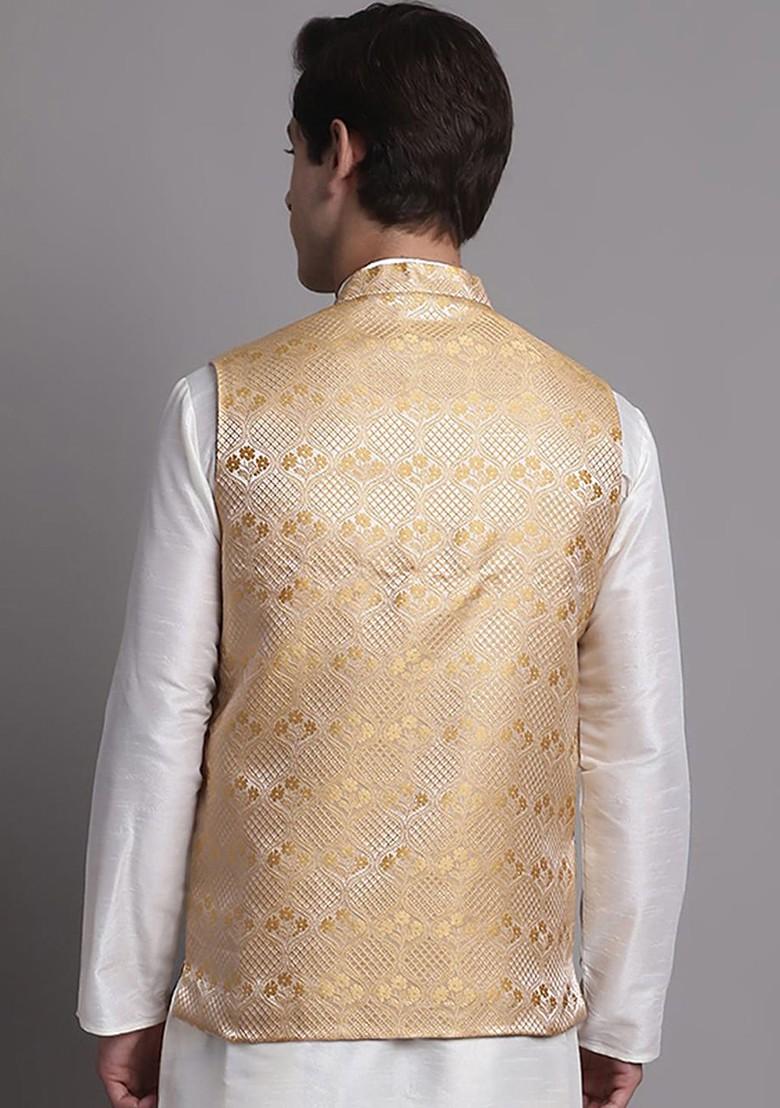 Gold Woven Design Poly Blend Nehru Jacket For Men