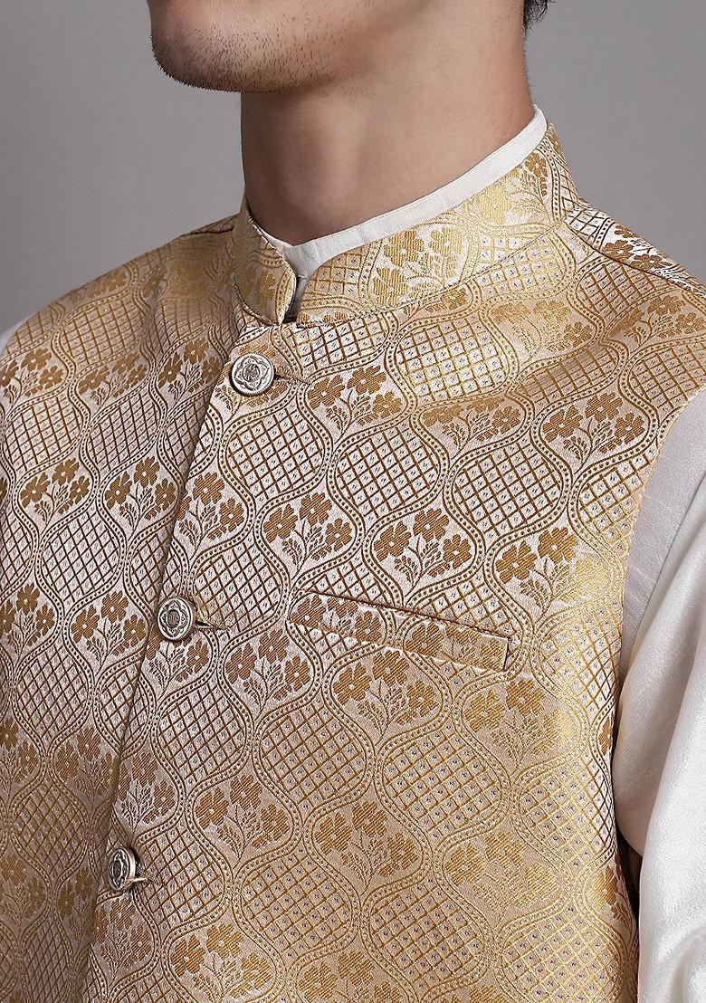 Gold Woven Design Poly Blend Nehru Jacket For Men