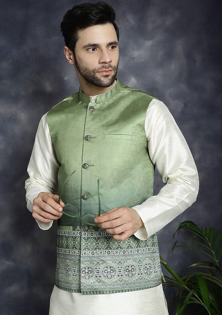 Green Printed Poly Blend Nehru Jacket For Men