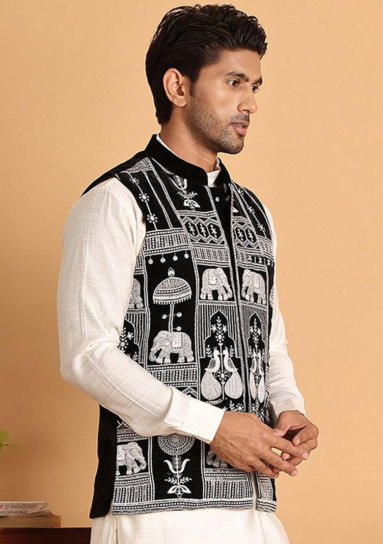 Black Embroidered Poly Blend Nehru Jacket For Men
