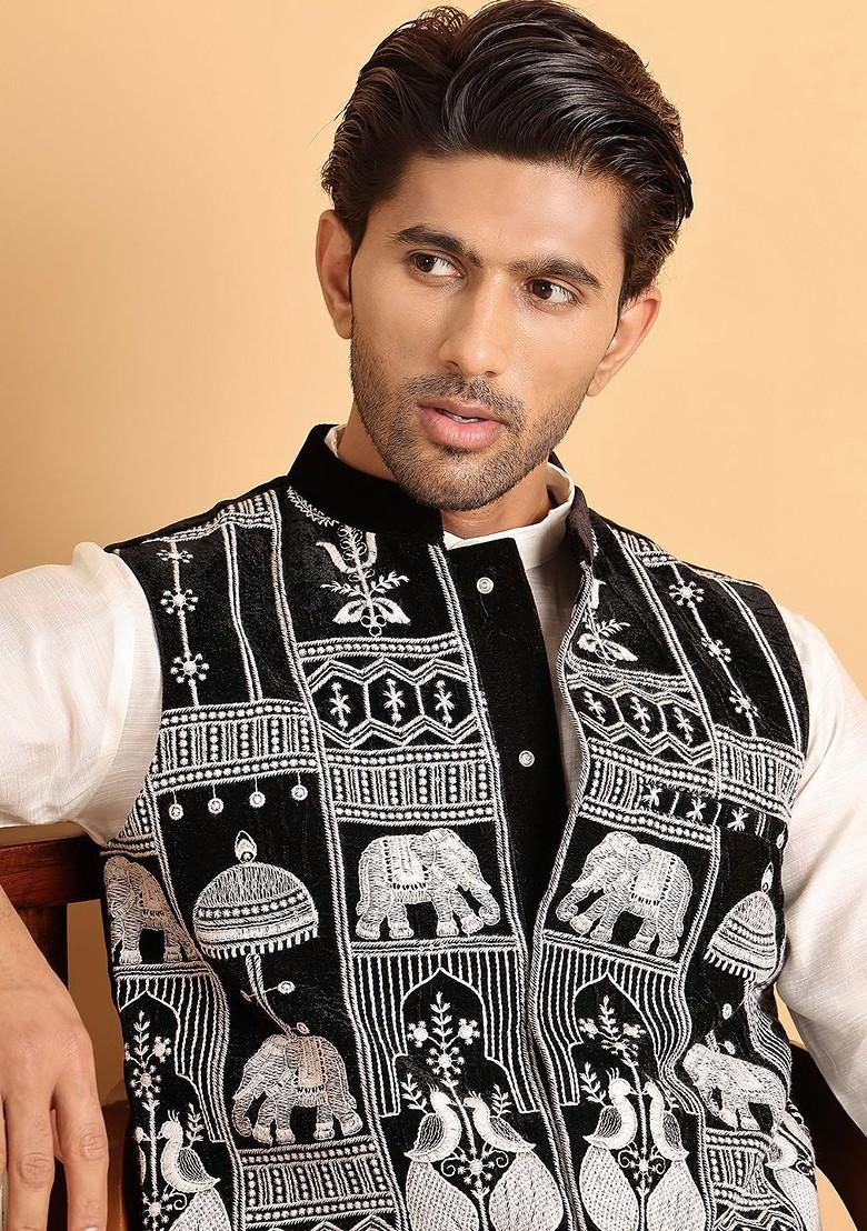 Black Embroidered Poly Blend Nehru Jacket For Men