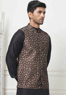 Brown Embroidered Poly Blend Nehru Jacket For Men