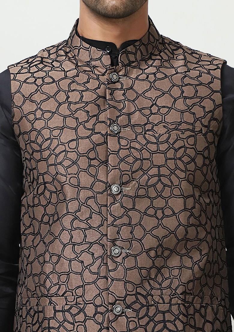 Brown Embroidered Poly Blend Nehru Jacket For Men