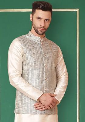 Blue Woven Design Poly Blend Nehru Jacket For Men