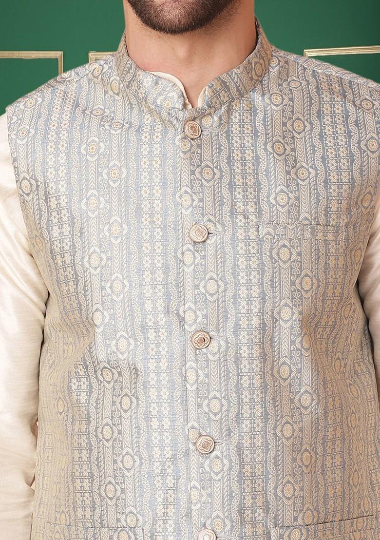 Blue Woven Design Poly Blend Nehru Jacket For Men