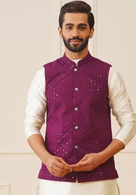 Purple Embroidered Poly Blend Nehru Jacket For Men