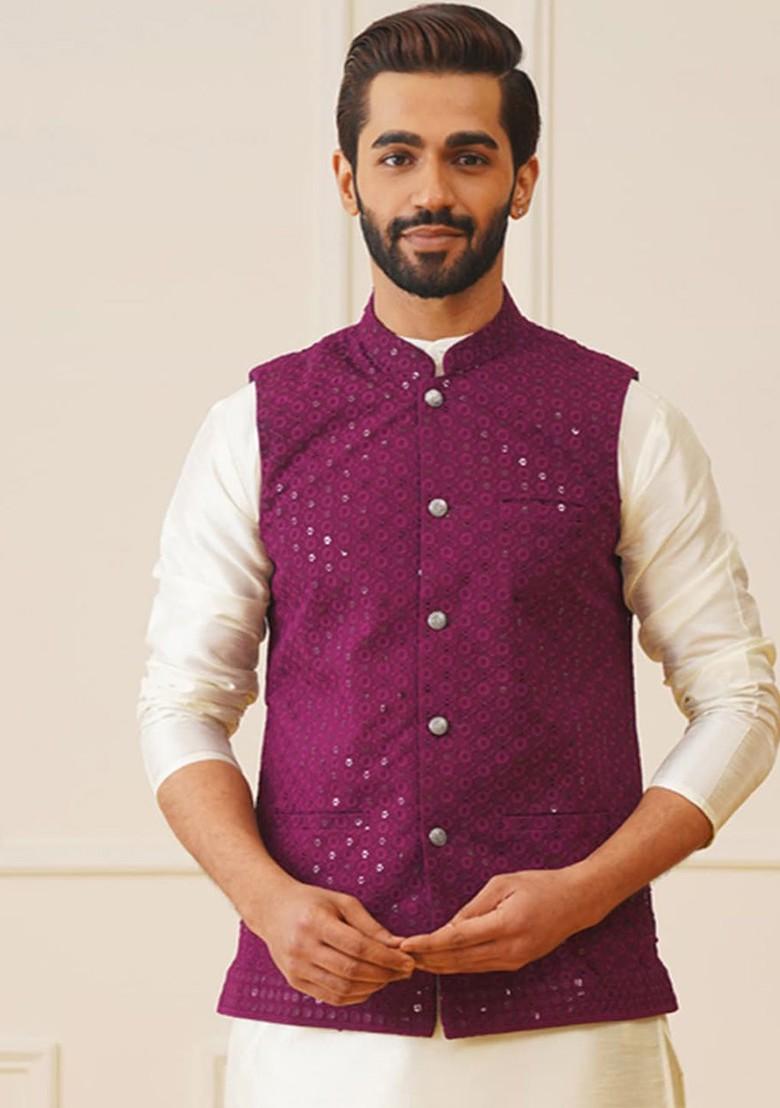 Purple Embroidered Poly Blend Nehru Jacket For Men