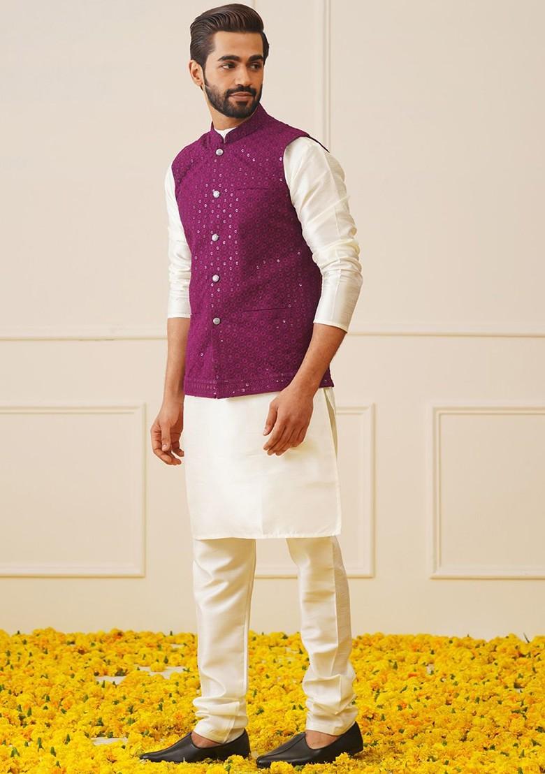 Purple Embroidered Poly Blend Nehru Jacket For Men