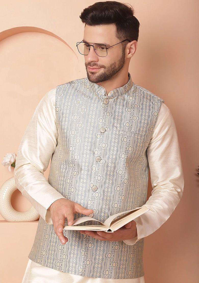 Blue Woven Design Poly Blend Nehru Jacket For Men