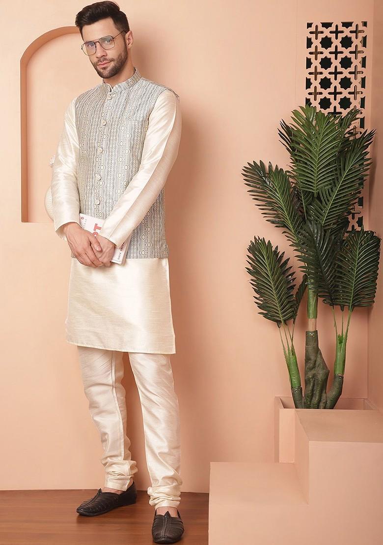 Blue Woven Design Poly Blend Nehru Jacket For Men