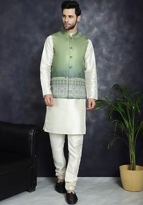 Green Printed Poly Blend Nehru Jacket For Men