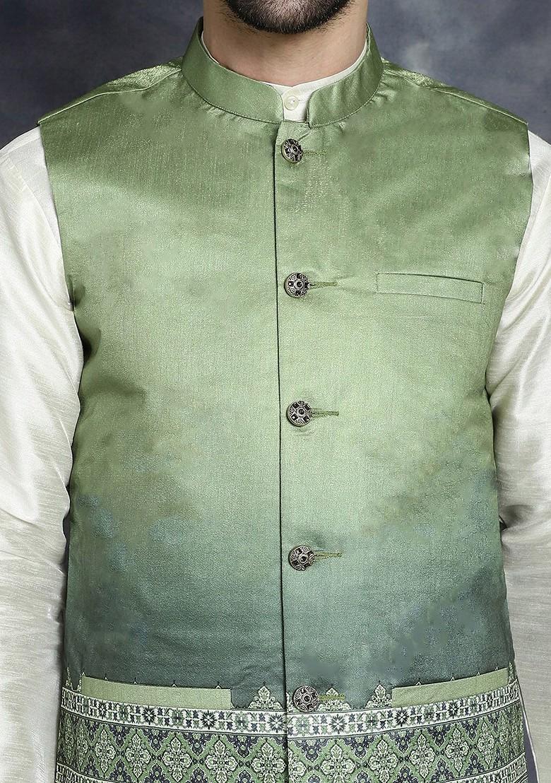 Green Printed Poly Blend Nehru Jacket For Men