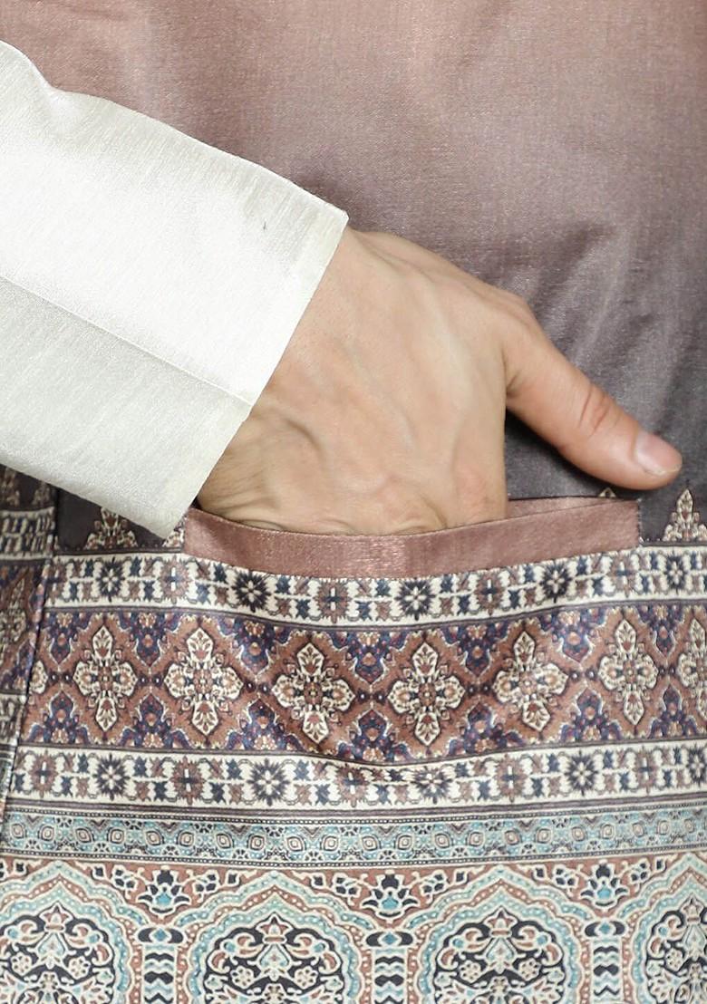 Brown Printed Poly Blend Nehru Jacket For Men