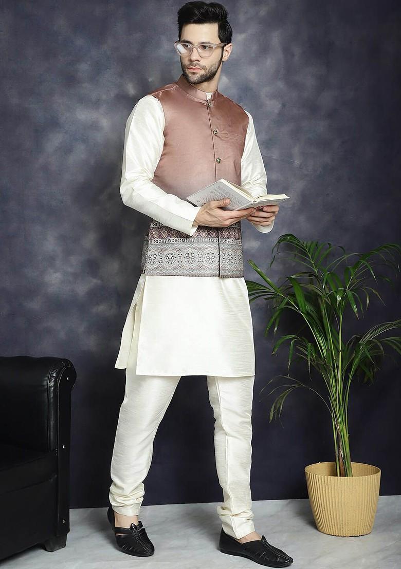 Brown Printed Poly Blend Nehru Jacket For Men