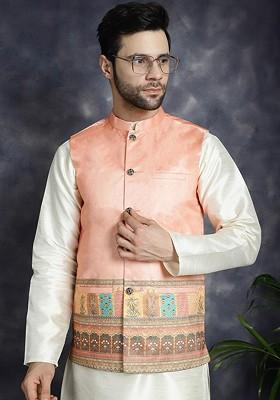 Peach Printed Poly Blend Nehru Jacket For Men