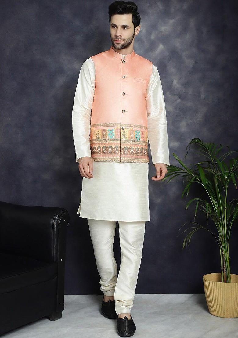 Peach Printed Poly Blend Nehru Jacket For Men