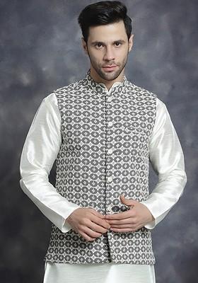 Grey Embroidered Poly Blend Nehru Jacket For Men
