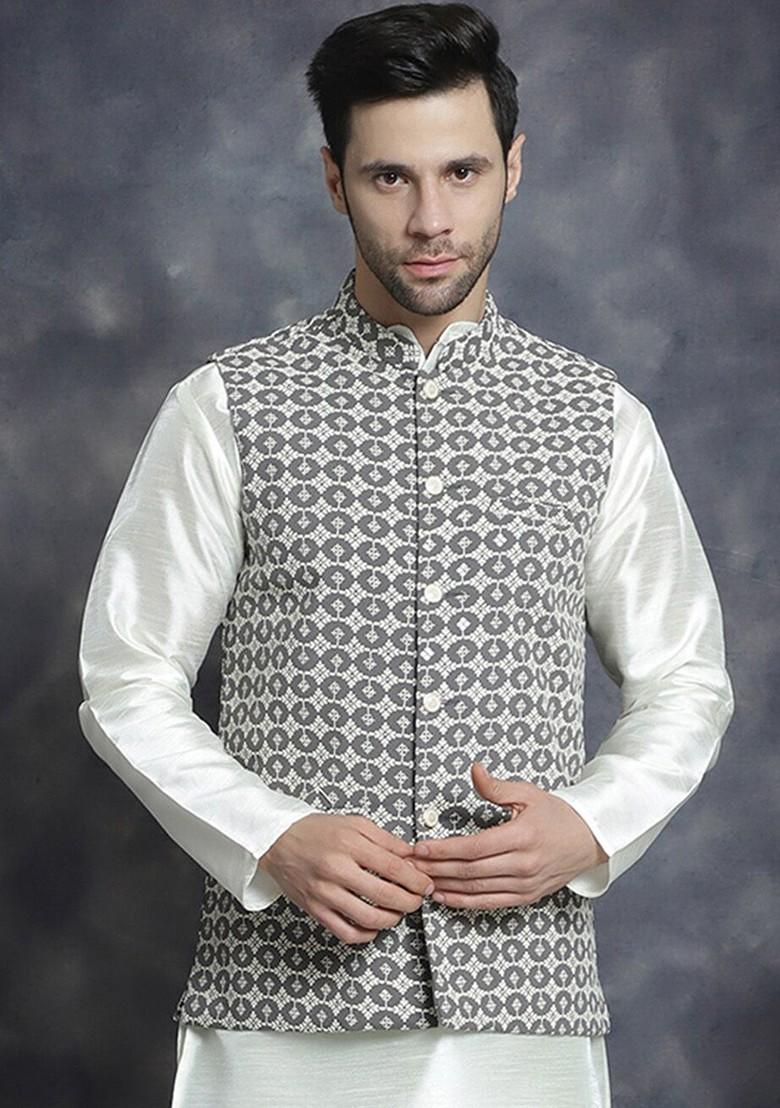 Grey Embroidered Poly Blend Nehru Jacket For Men