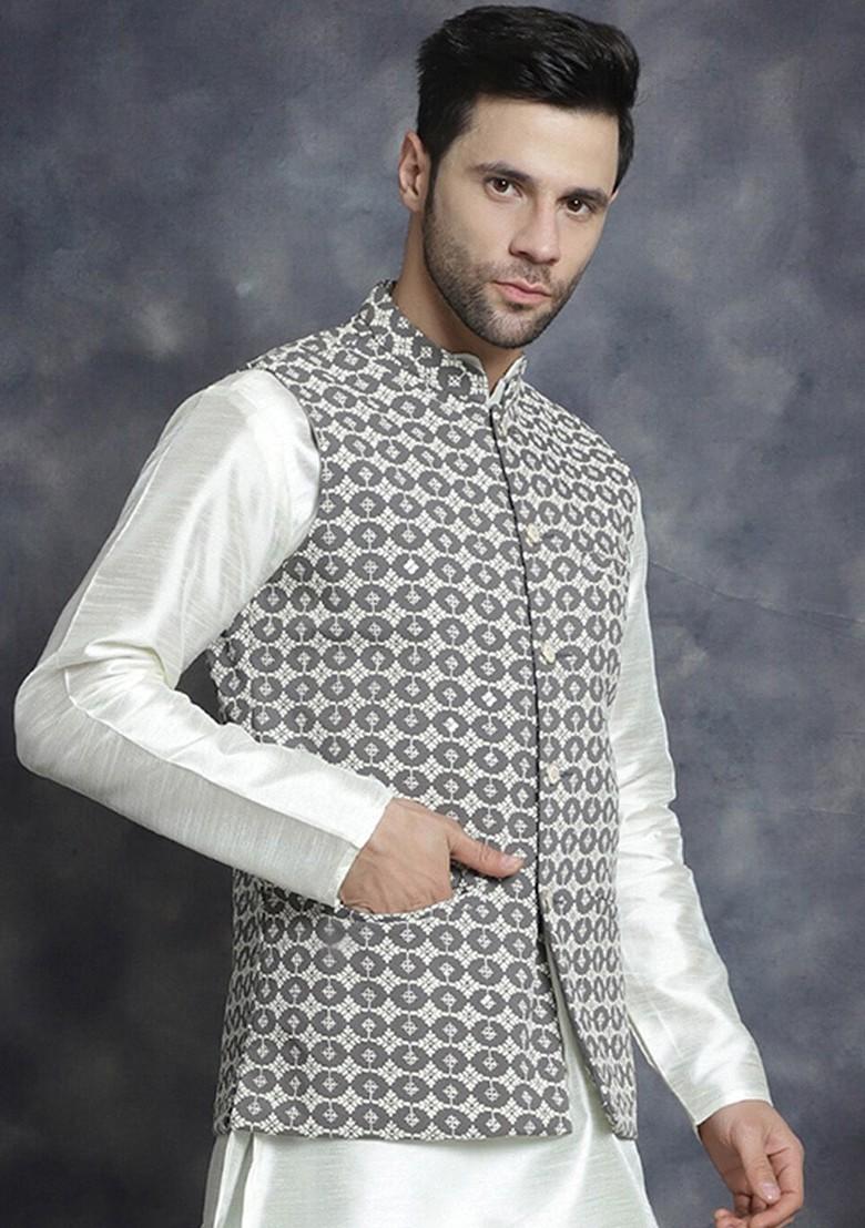 Grey Embroidered Poly Blend Nehru Jacket For Men