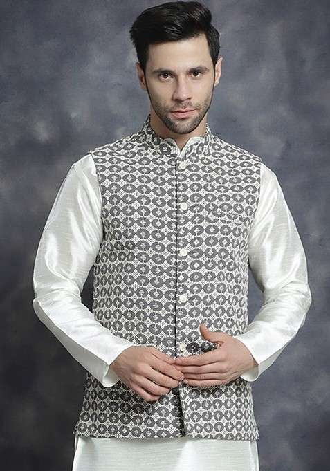 Grey Embroidered Poly Blend Nehru Jacket For Men
