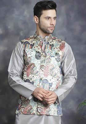 Blue Printed Poly Blend Nehru Jacket For Men