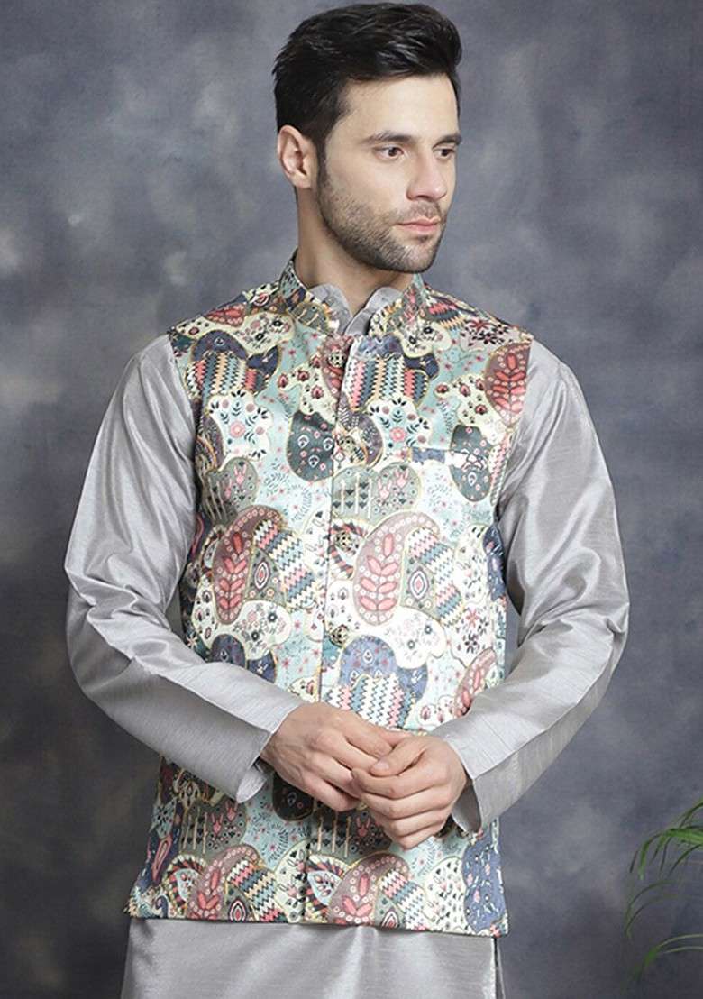 Blue Printed Poly Blend Nehru Jacket For Men - Indya