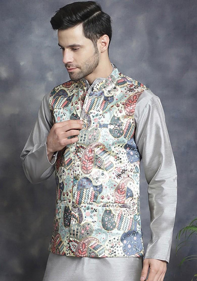 Blue Printed Poly Blend Nehru Jacket For Men