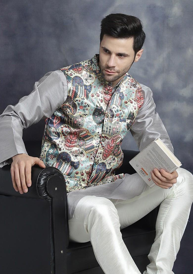 Blue Printed Poly Blend Nehru Jacket For Men