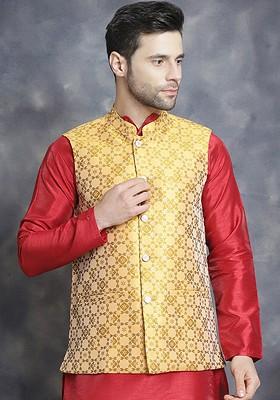 Mustard Yellow Woven Design Poly Blend Nehru Jacket For Men