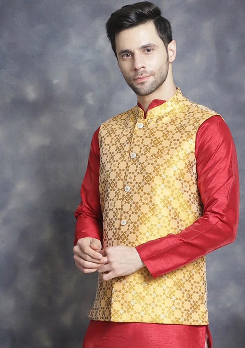 Mustard Yellow Woven Design Poly Blend Nehru Jacket For Men