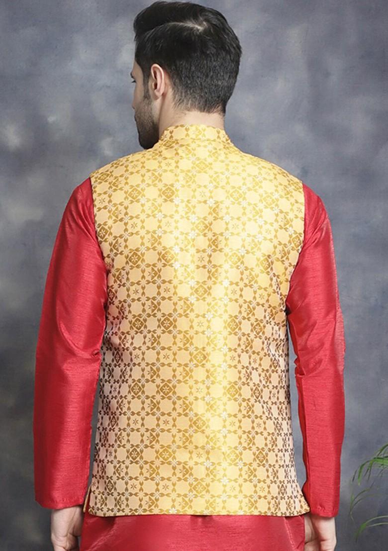 Mustard Yellow Woven Design Poly Blend Nehru Jacket For Men