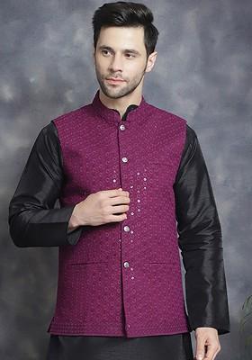 Purple Embroidered Poly Blend Nehru Jacket For Men