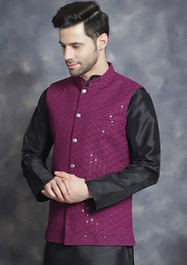 Purple Embroidered Poly Blend Nehru Jacket For Men
