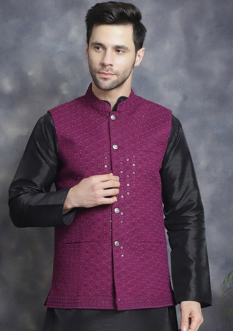 Purple Embroidered Poly Blend Nehru Jacket For Men