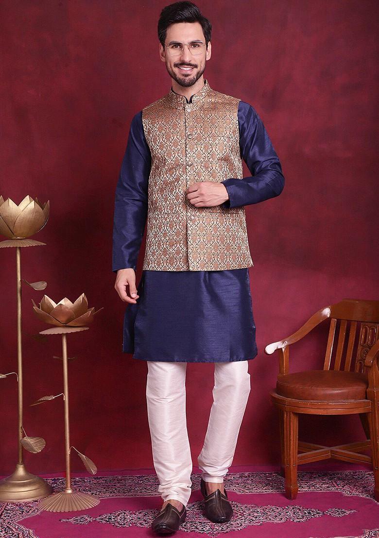 Brown Woven Design Poly Blend Nehru Jacket For Men