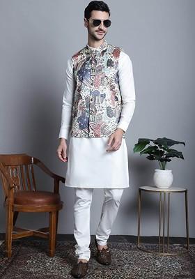 Blue Printed Poly Blend Nehru Jacket For Men